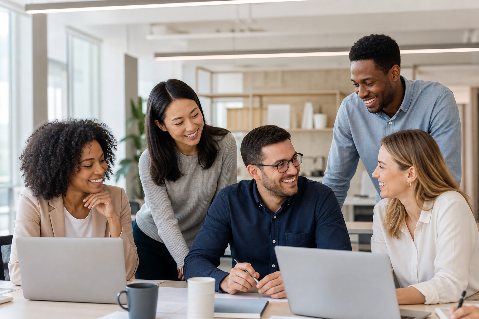 Equipo de trabajo colaborando en oficina corporativa